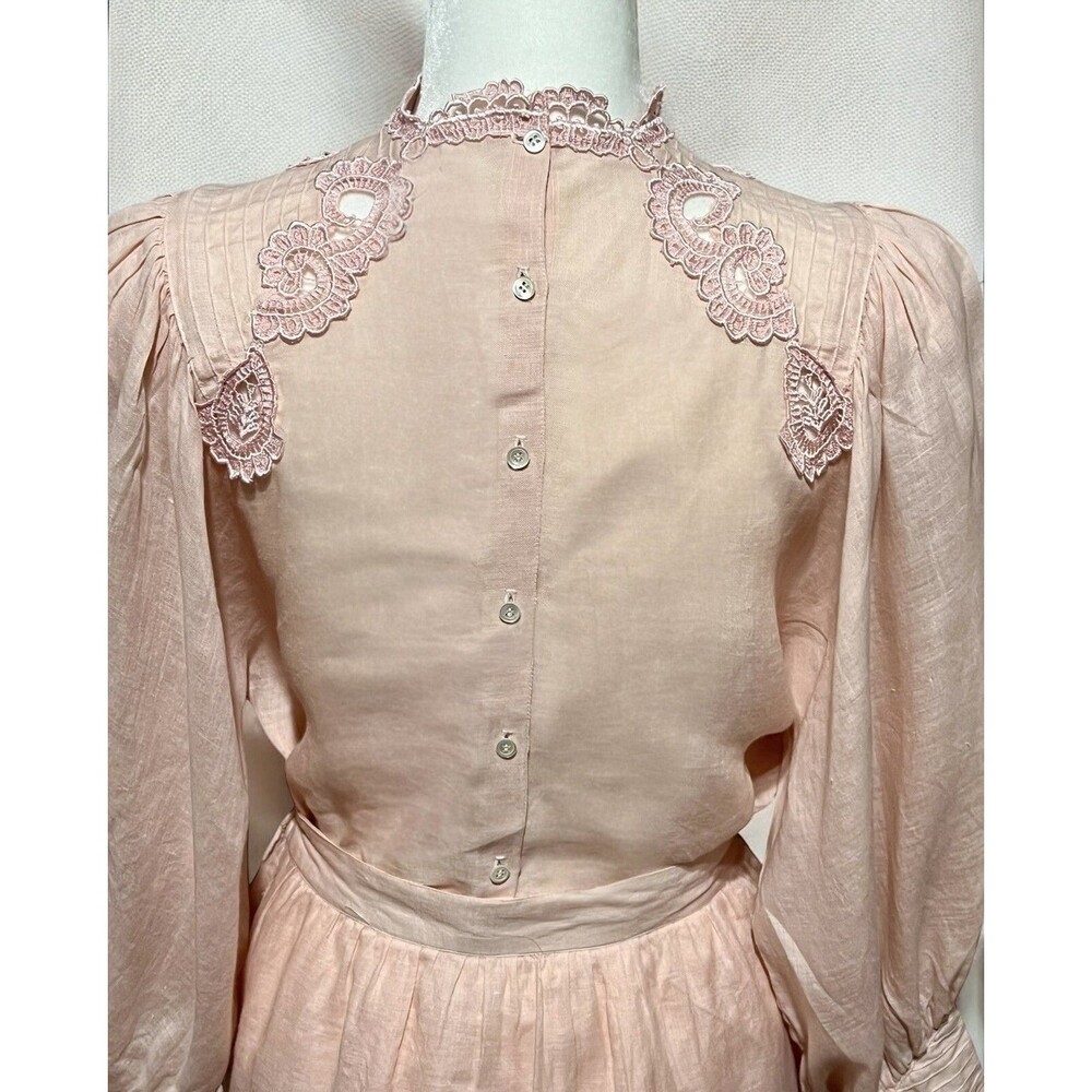 VTG 80's Capriccio by Digna Pink 100% Linen Blouse Skirt Set Victorian Lace Sz 6 - Picture 5 of 16